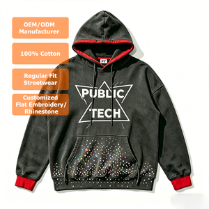 Customization Drawstring Premium Pullover Flat Embroidery Rhinestone 100% Cotton Acid <b>Wash</b> 450gsm OEM Letters Hoodies for Men - Product Image 1