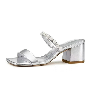 Women's Pearls Double Straps Sandals Open Square Toe on <b>Shoes</b> Low Chunky Heels Silver Slides Dress Mules - Product Image 1