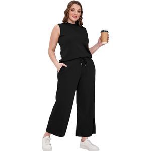 Women Two Piece Set Sleeveless Mock Neck <b>Top</b> Wide Leg <b>Crop</b> Pants Casual Summer Outfits Breathable Lounge Wear - Product Image 4