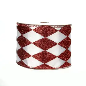 批发圣诞丑角丝带卷红白圣诞丝带2.5英寸宽缎线边丝带