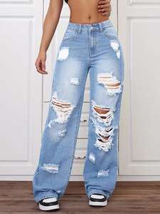 Jeans de Mezclilla Desgastados de Cintura Alta para Mujer, Estilo Holgado, Pierna Ancha, Ropa de Calle, Secado Rápido, Ajuste Holgado, Versátil - Product Image 6