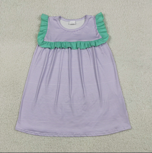 Ensemble assorti pour sœurs : Robe sans manches à rayures violettes longueur genou et barboteuse à volants pour bébés filles - Product Image 3