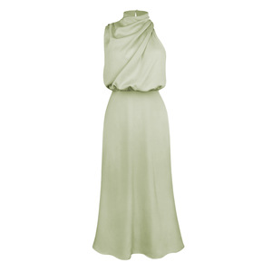Robe femme mode mariage demoiselle d'honneur solide demi col haut mince mince longueur moyenne jupe licou Satin femme robe de soirée - Product Image 5