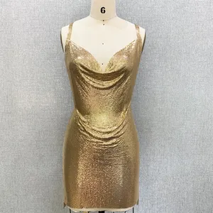 Mini vestido de malha metálico brilhante, mini vestido feminino de lantejoulas de ouro, costas nuas e de metal