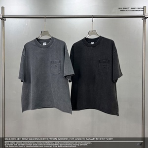 270gsm 100% Cotton Washed Vintage Frayed Cut Shoulder Hollow Out Slant Patch <b>Pocket</b> Roll Hem Casual <b>T</b>-<b>shirt</b> - Product Image 5