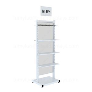 Double-Sided Metal Floor Store Display Stand with Shelves & Hooks Multi-Functional <b>Garment</b> <b>Rack</b> for Clothing Hats Socks - Product Image 2