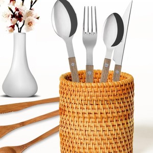 Organisateur en rotin écologique avec poignée pour le rangement de la vaisselle, forme ronde pour baguettes, cuillères, couteaux, fourchettes - Product Image 5