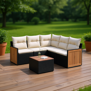 Ensemble de canapés de jardin en polyrotin noir avec panneaux en teck, 6 places, mobilier d'extérieur, design contemporain - Product Image 2