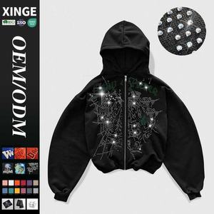 Sweat à capuche zippé pour homme, coupe oversize, imprimé graphique personnalisé en strass, style streetwear Y2K vintage, grammage lourd 400 g/m², épaules tombantes, coupe carrée - Product Image 1