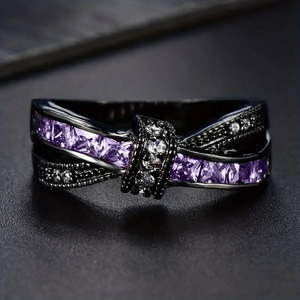 Bague en améthyste avec nœud papillon T0312 pour femme, en alliage de métal précieux, sertie de pierres précieuses rondes taille brillant, pour un usage quotidien - Product Image 1