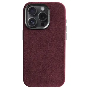 Capa de luxo para celular de camurça em couro legítimo, capa protetora magnética para iPhone 15 Pro Max