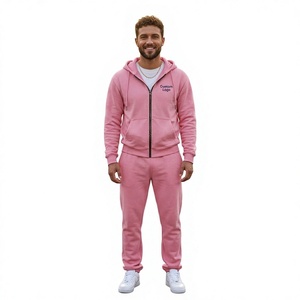 Conjunto de sudadera con capucha y cremallera rosa para hombre, corte regular, chándal informal liso con bolsillos - Product Image 2