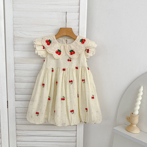 Nuovo <span class=keywords><strong>vestito</strong></span> estivo per ragazze, ricamo a ciliegia, colletto in pizzo, maniche a sbuffo, <span class=keywords><strong>vestito</strong></span> <span class=keywords><strong>da</strong></span> <span class=keywords><strong>principessa</strong></span>, 2-6 anni, per bambina, casual, per feste di compleanno - Product Image 3