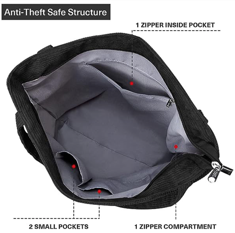 Sac Fourre-tout Velours Côtelé TIAASTAP - 36x31cm - Avec Trousse Maquillage - Étanche