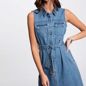 Vestidos de Mezclilla Casuales Largos para Mujer, Diseño Nuevo, con Cinturón y Botones, Sin Mangas, Color Azul Claro, Venta al Por Mayor - Product Image 3