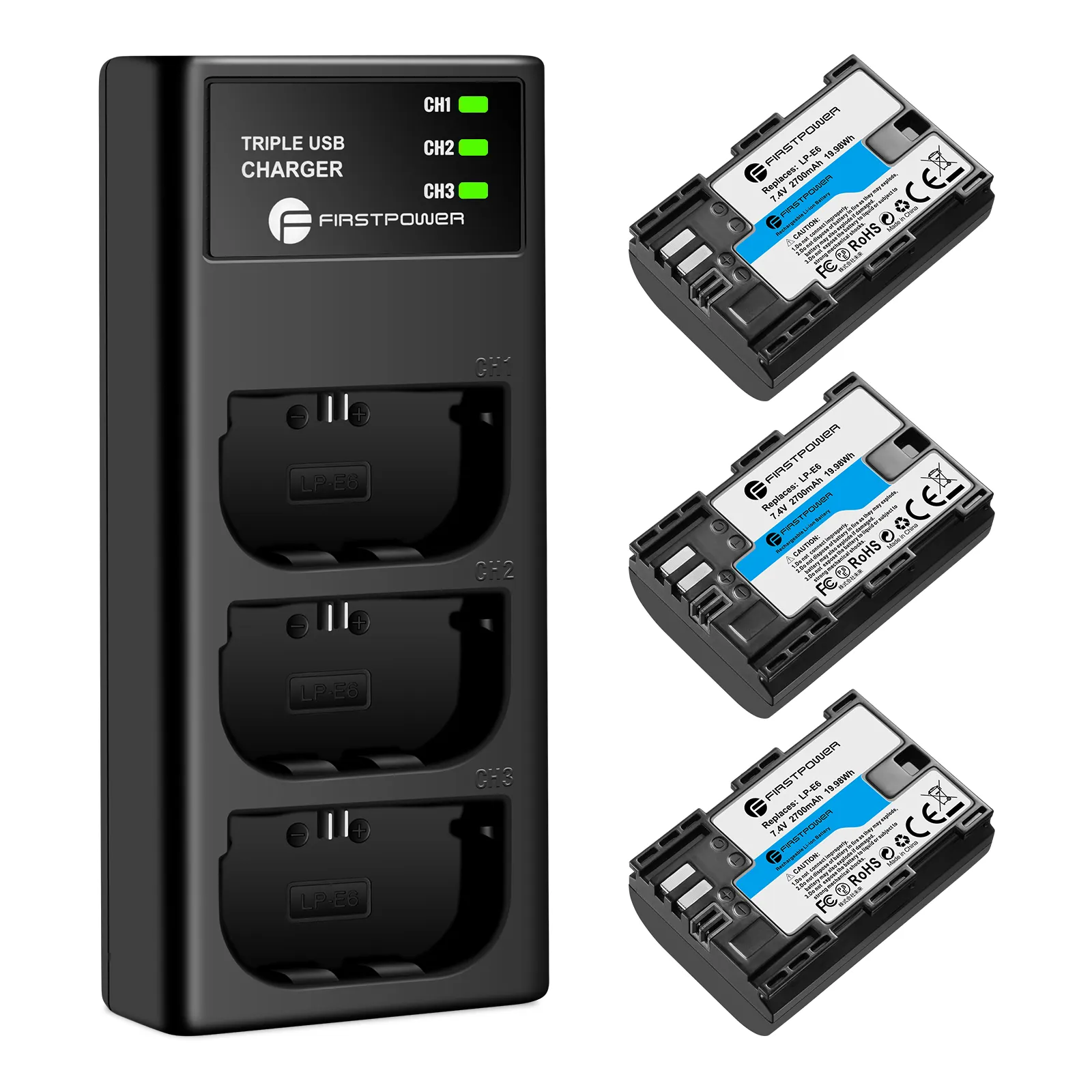 LP-E6 LP E6N Battery 3-Pack 2700mAh Triple Slot Charger For Canon EOS 5D Mark II III IV 5DS 5DS R 6D 60D 6D Mark II 7D