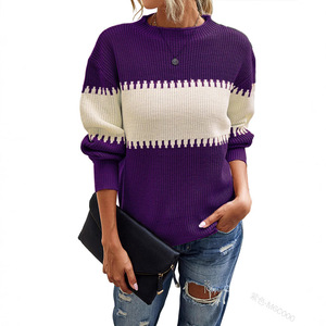 Pull-over rayé personnalisé pour femmes de style coréen à blocs de couleurs avec manches lanterne Mode hivernale Tricot Tissage Logo sur le devant - Product Image 3
