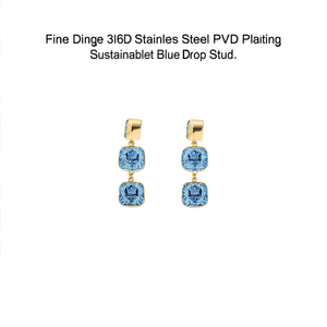 Fine Dangle <b>Earrings</b> 316L Stainless Steel PVD Gold Plating Sustainable Resistant <b>Blue</b> Crystal Drop <b>Studs</b> - Product Image 2