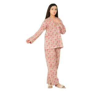 Pajama Set 100% Cotton Long Sleeve Button <b>Down</b> Shirt and <b>Pants</b> Soft Comfortable Lightweight Summer Nightwear Sleepwear - Product Image 4