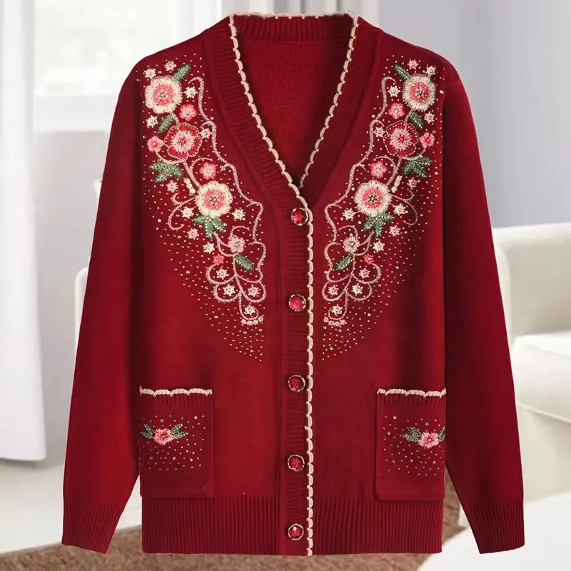 新しいアパレルVネックニット女性セーター刺Embroideryスパンコールカーディガン長袖女性のニットセーター