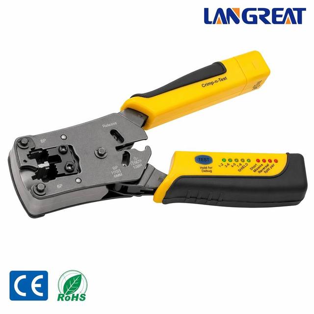 2-in-1 RJ45 RJ11 Crimping Tool with Cable Tester 8P 6P Crimp-n-Test Network Wire Cutter Stripper Detachable Remote Unit Yellow