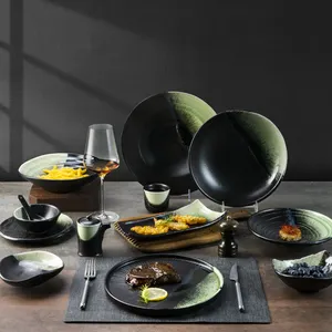 Yayu nouvelle annonce Horeca luxe moderne noir vert céramique dîner steak assiettes plates pour restaurant de cuisine coréenne plats en porcelaine