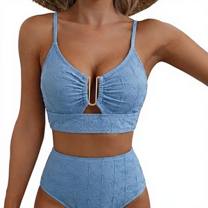 Women's Light Blue Embossed Halter Neck Push up High Waist Two Piece Swimwear Stretch Quick Dry <b>V</b>-<b>Strings</b> Bikini Set Hollow Out - Product Image 1