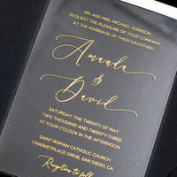 Suite d'invitations de mariage de luxe personnalisée noire et or, pliée en trois, avec carte RSVP en acrylique et mini-enveloppe
