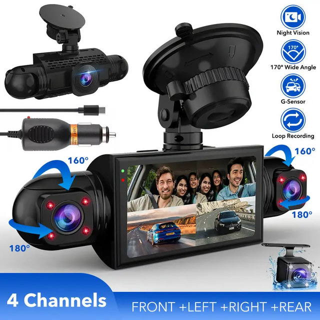 Custom 4 Channel 4K Dashcam 360 1080P Front Rear & Left Right Interior DVR Camera with Night Vision IPS Screen S8