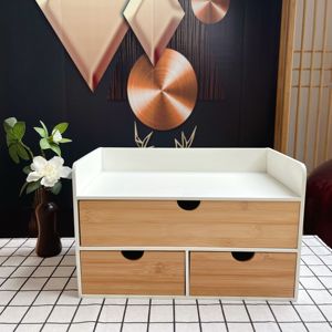 Bamboo storage box with drawer for desktop office bedroom living room and white frame can be stacked in combination