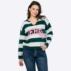 Maglione Natalizio Personalizzato da <span class=keywords><strong>Donna</strong></span> con Strisce Glitterate, Scollo a V, Spalle Scivolate, Vestibilità Ampia e Patch con Lettere - Produttore - Product Image 1
