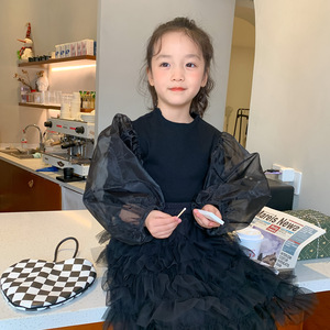 Pull pour bébés filles mignon printemps-automne, T-shirt à sequins et manches bouffantes en maille, col à volants, hauts unis pour enfants de 2 à 7 ans - Product Image 3