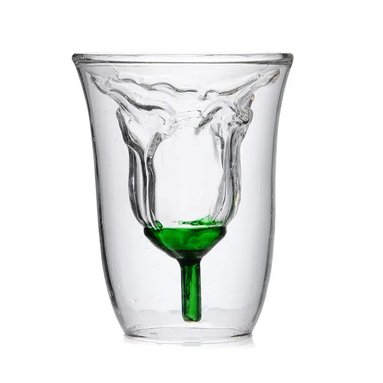 卸売クリエイティブホームバー使用二重壁ガラスローズシェイプカップフラワーカクテルウイスキーガラスカップマーメイドワインパーティーグラスカップ