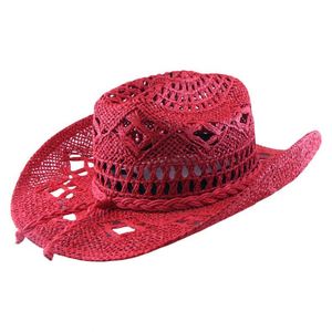 Sombrero de Paja para Viajes y Vacaciones con Diseño Calado, Sombrero de Vaquero Rojo de Moda para Mujer/Niña con Cinturón Trenzado - Product Image 6