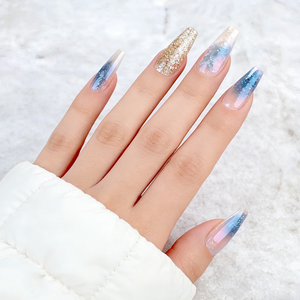 <span class=keywords><strong>Uñas</strong></span> Postizas de Gel con Degradado Azul Manchado, Purpurina Plateada y Dorada, 28 Piezas, <span class=keywords><strong>Uñas</strong></span> Postizas de Ataúd Largas, Reutilizables - Product Image 2