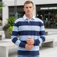Polo de rugby rayé pour homme avec logo brodé personnalisé, manches longues, col contrastant, style vintage, tissu épais