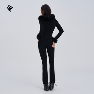 Ensemble survêtement pour <span class=keywords><strong>femme</strong></span> avec logo en strass personnalisé, sweat à capuche zippé à col en fourrure et <span class=keywords><strong>pantalon</strong></span> évasé, haute qualité, adapté aux grandes tailles - Product Image 5