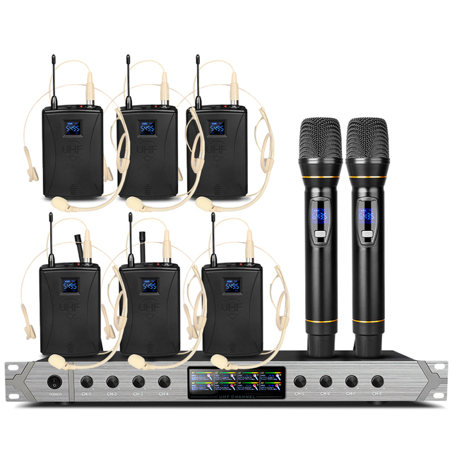 D28 Professional 8 Channels Wireless Microphone System UHF Cordless Dynamic Handheld  Headset Mic for Stage Performance