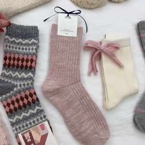 Women's Mid Calf <b>Socks</b> Thickening Thermo Fair Isle Slouch Style Korean Sweet <b>Long</b> <b>Socks</b> With Bow Autumn Winter Wear - Product Image 1