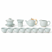 Ensemble de thé chinois en céladon de 13 pièces, boîte cadeau, théière Gaiwan, pichet à thé, 8 tasses, ensemble de thé Gongfu en porcelaine, motif en relief, bord doré, 350 ml