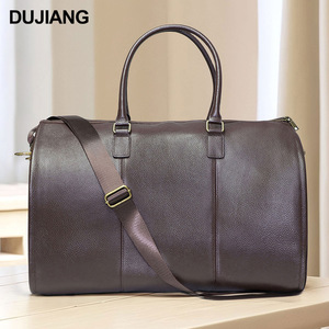 Bolsa de Viaje de Cuero Genuino Dujiang, Gran Capacidad, Cierre de Cremallera, Unisex, Color Marrón Sólido, Bolsa de Viaje Deportiva para Exteriores - Product Image 1