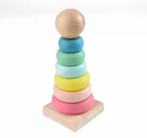 Montessori mainan anak-anak, menara pelangi kayu dini Menara Bulat cincin warna berdiri menara susun