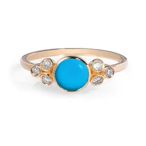 แหวนแต่งงานสีฟ้าเทอร์ควอยซ์ธรรมชาติดีไซน์แหวนชุบทองเรียบง่ายพร้อมหินสเตอริงเงินเพชร