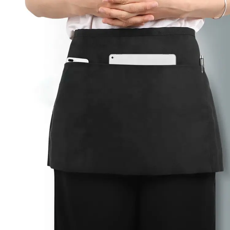 Avental de servidor de cintura meio cintura, preto, algodão 3 bolsos, utensílios de cintura, para restaurantes