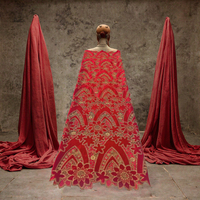 Tissu en velours polyester uni rouge vif pour femmes et filles, jacquard tissé, broderie laser, motifs africains, dentelle, robes de mariée DIY