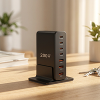 Chargeur de bureau vertical 200W GaN avec base fixe pour la maison, le bureau, le dortoir, station de charge USB C PD 100W max 7 ports