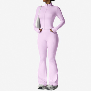 Classic 2-Piece Women's Solid Breathable Zipper Long-sleeved <strong>Yoga</strong> <strong>Jacket</strong> Flared Pants Set Nude Feeling Gym Fitness Workout - Product Image 2