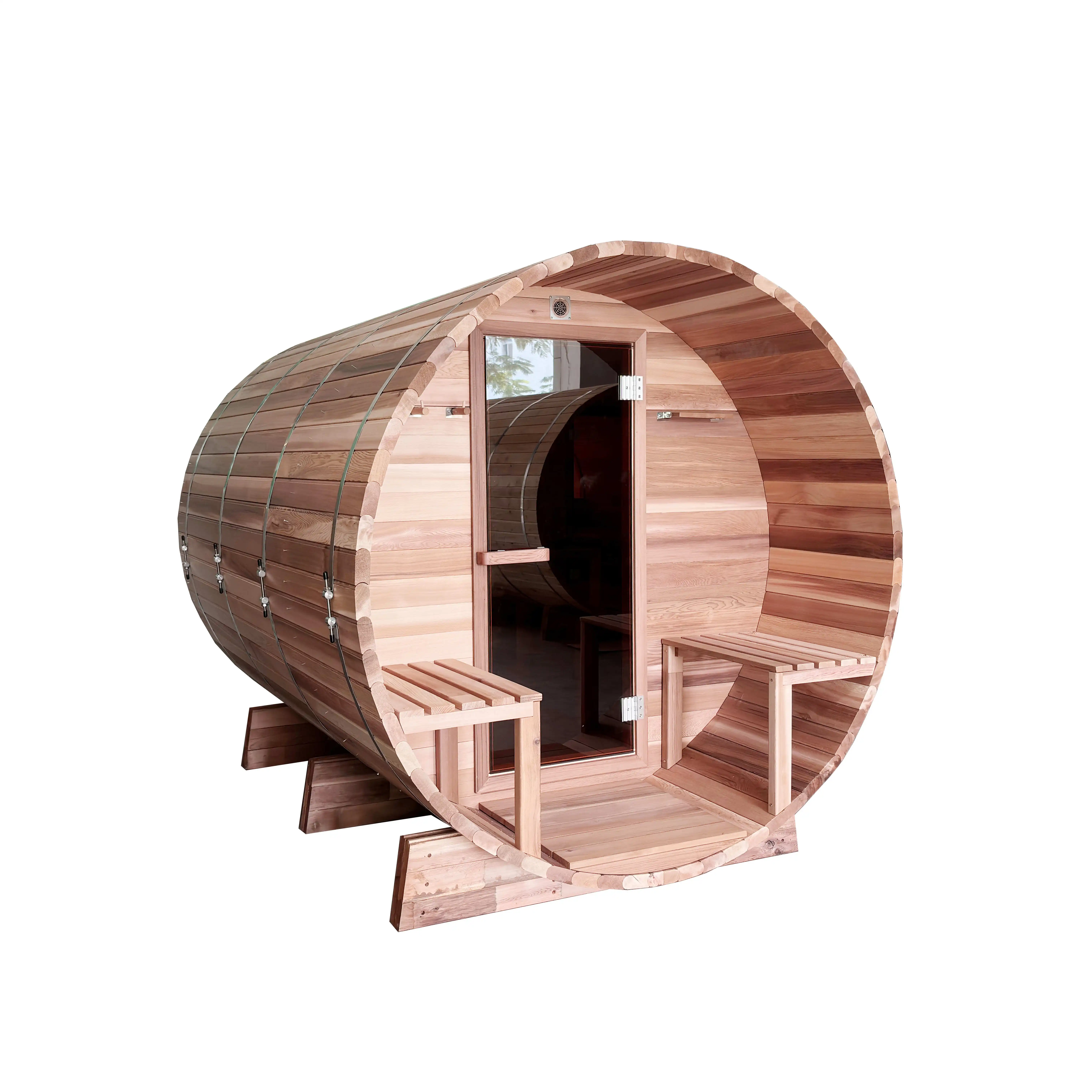 OEM/ODM produttore di Design canadese cedro rosso all'aperto barile di legno Sauna con stufa a legna