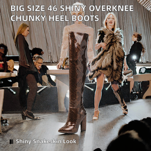Bottes hautes à talon épais pour femme, grande taille 46, style western, cuissardes brillantes en similicuir serpent pour l'hiver - Product Image 4
