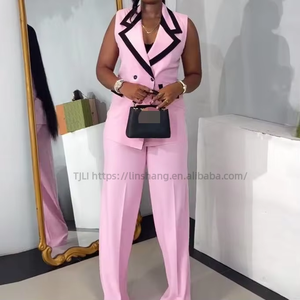 Women's Premium Colorblocking Lapel Sleeveless Vest <b>Trousers</b> 2 Piece Set Fashion - Product Image 2